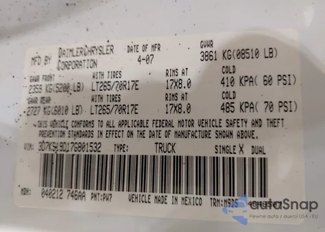 2007 Dodge Ram 1500 Slt from USA, damaged, VIN 3D7KS19D17G801532